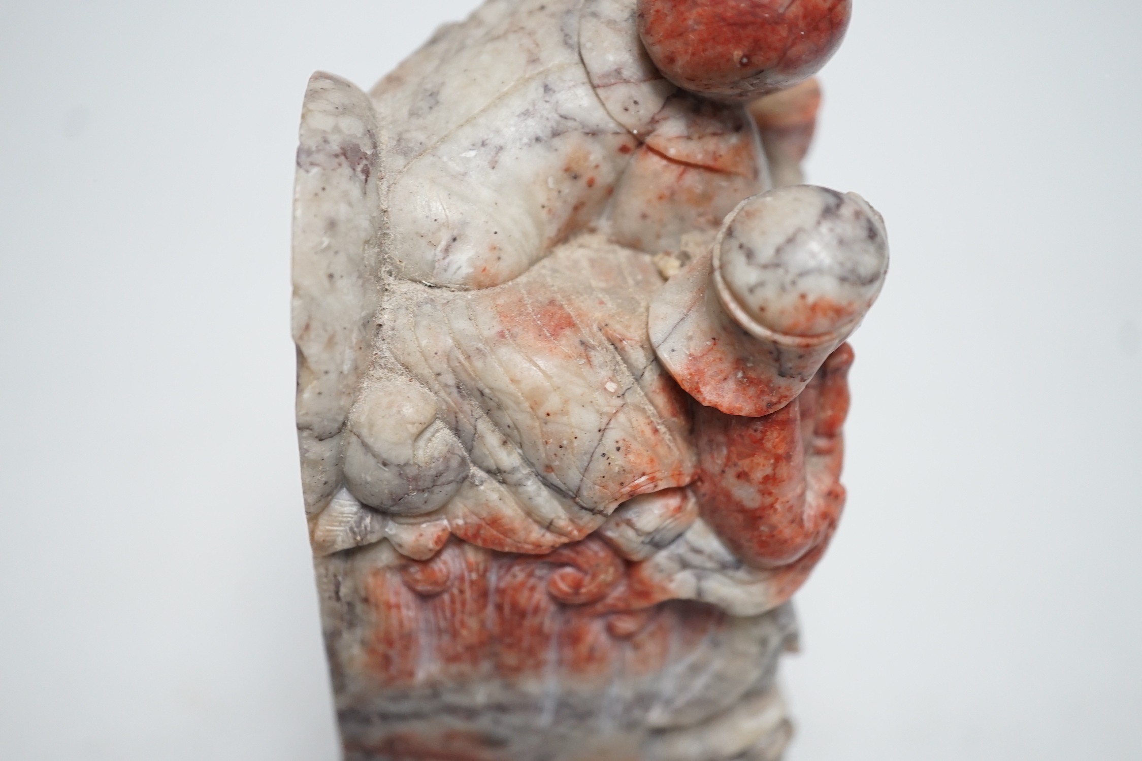 A large Chinese ‘chicken blood’ soapstone seal, Qing dynasty. 15cm